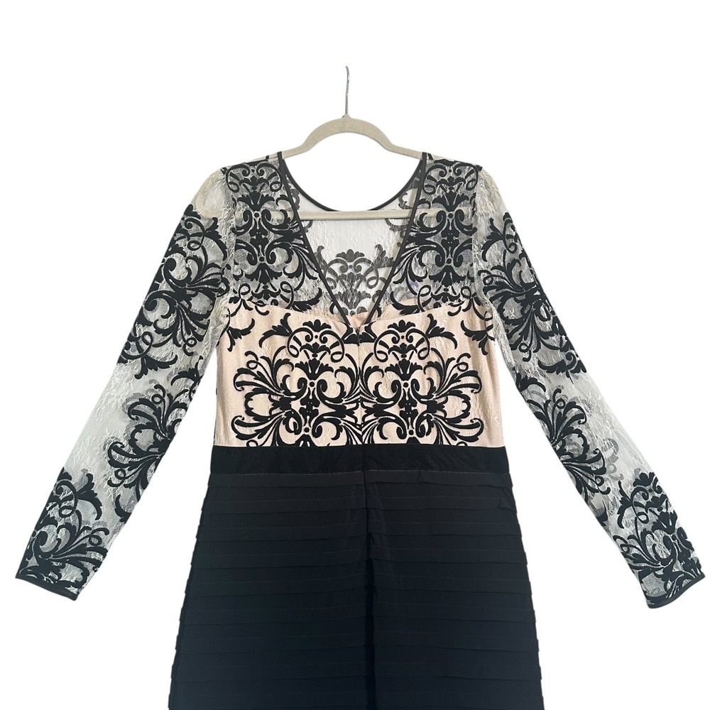 Betsy & Adam Dress Lace Damask Tiered Bandage Long Sleeve Black Nude 14 Cocktail - Picture 8 of 11